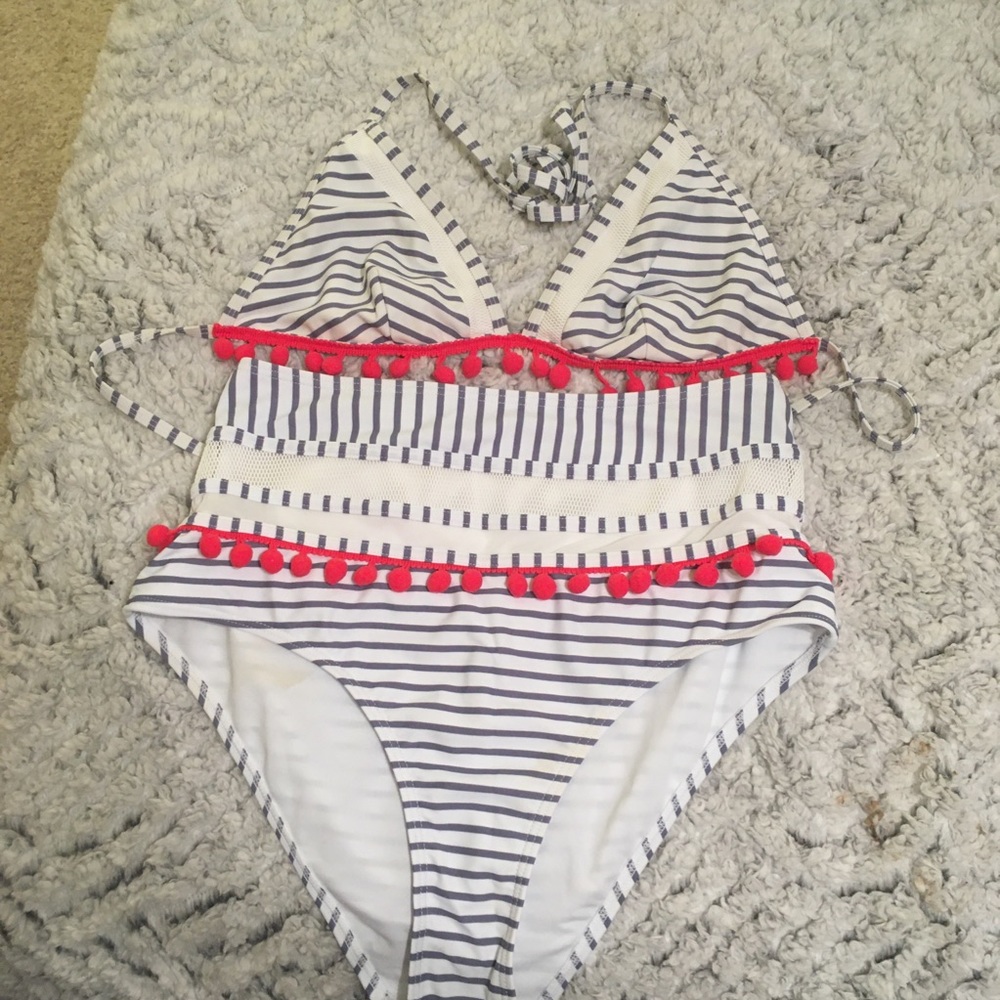 Cocoship Mesh Striped High Waist Bikini Set - Picture 3 of 4